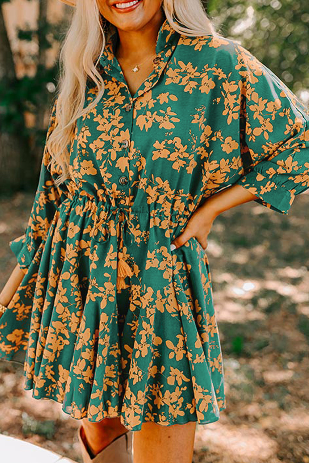 Pink Floral Print Drawstring Flowy Short Dress