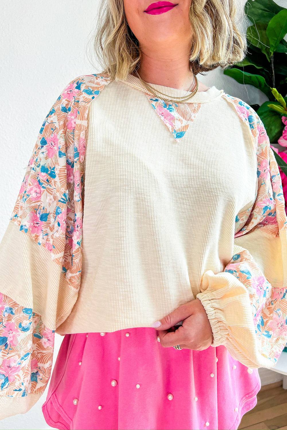 Beau Blue Ribbed Floral Patchwork Balloon Sleeve Top