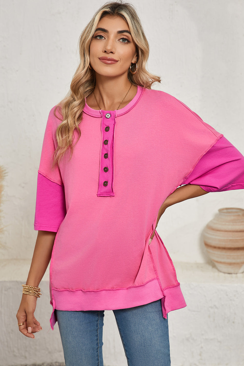 Bright Green Contrast Color Patchwork Oversized Henley T Shirt