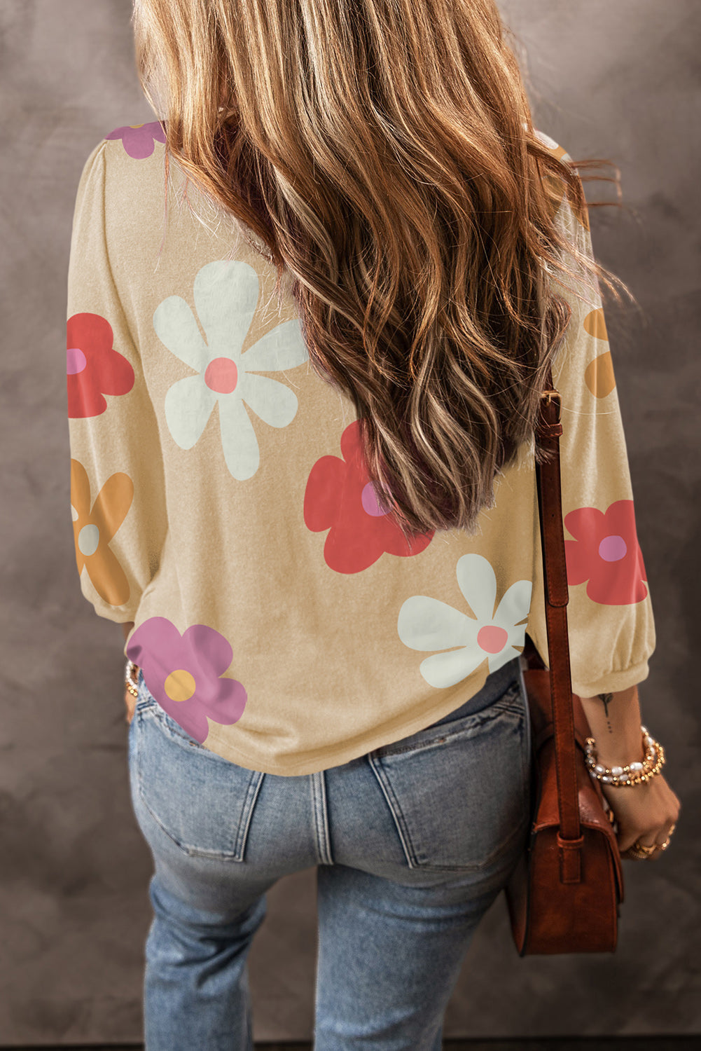 Rose 60s Flower Print Ruched Bracelet Sleeve Top