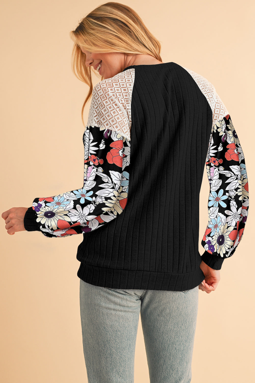 Cinnamon Floral Patchwork Raglan Sleeve Ribbed Top