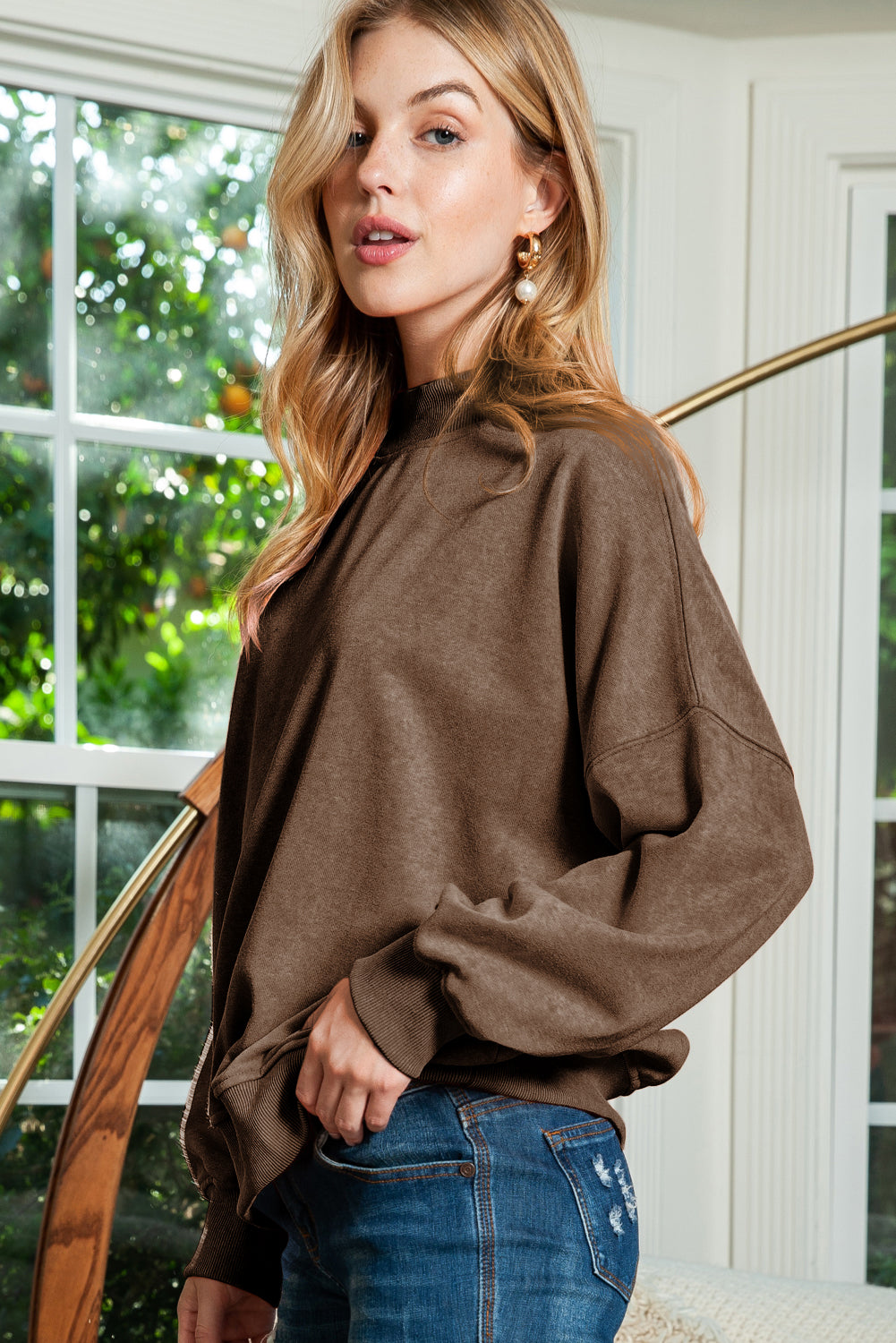 Ruby Plain Drop Shoulder Crew Neck Pullover Sweatshirt
