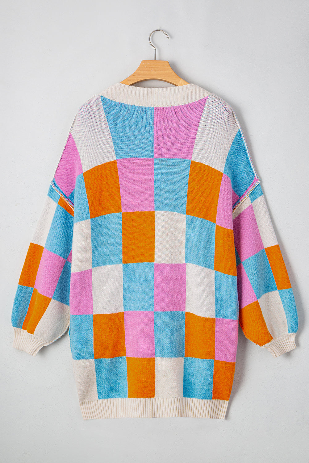 Light Blue Checkered Drop Shoulder Exposed Seam Open Front Cardigan