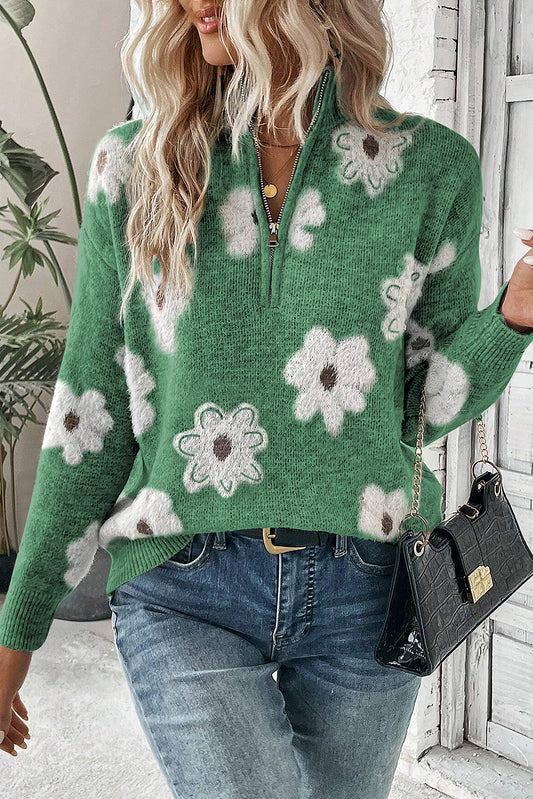 Green Vintage 60s Floral Pattern Half Zip Collar Drop Shoulder Sweater
