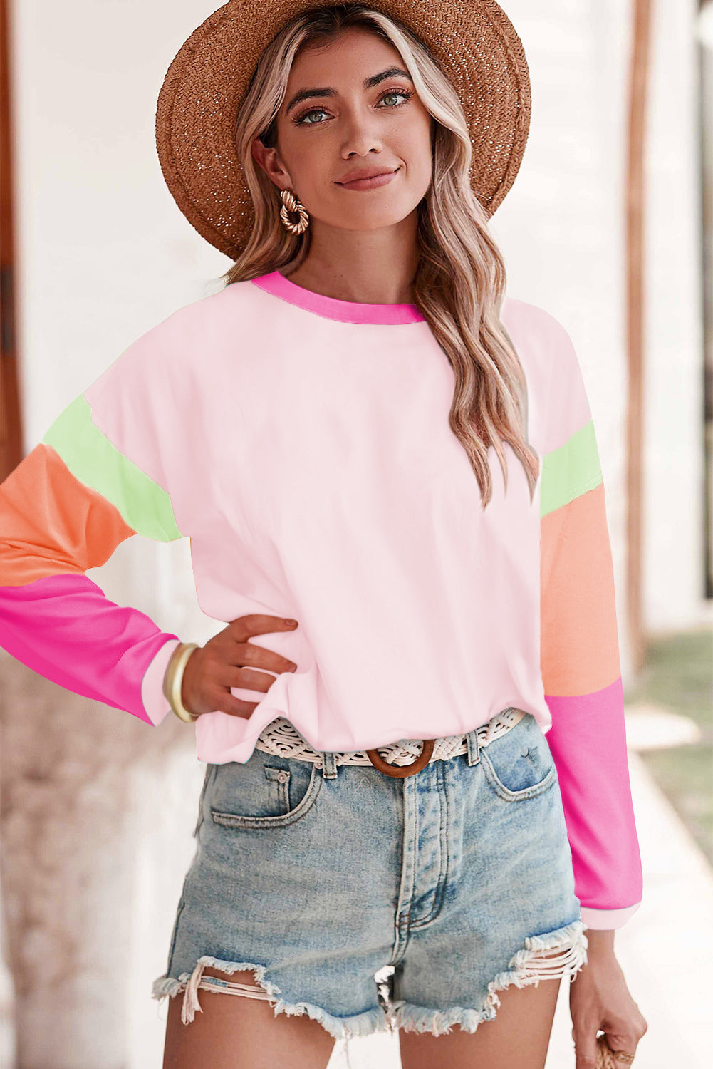 Dark Blue Color Block Sleeve Loose Fit Top