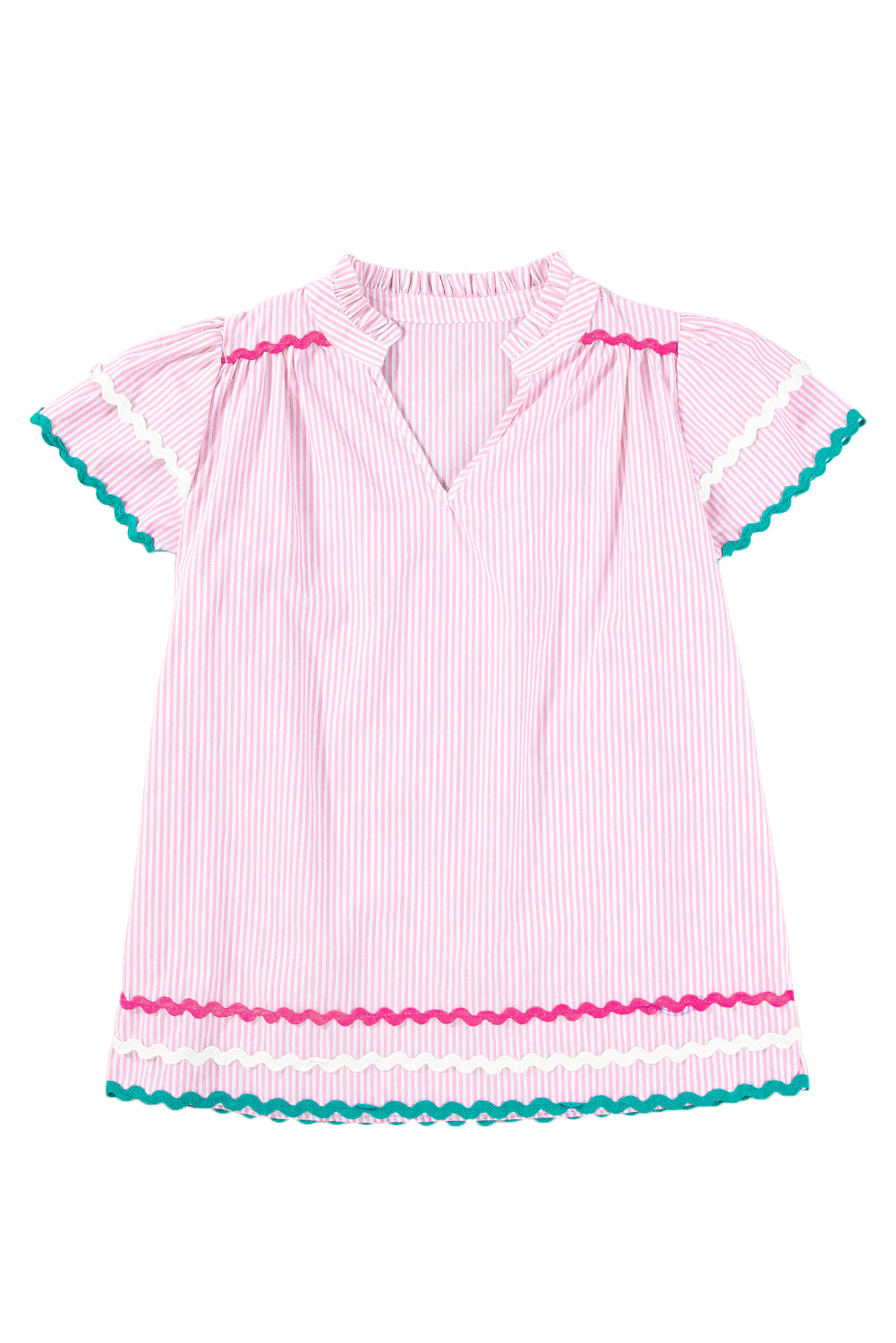 Pink Striped Ricrac Splicing Frill V-Neck Blouse