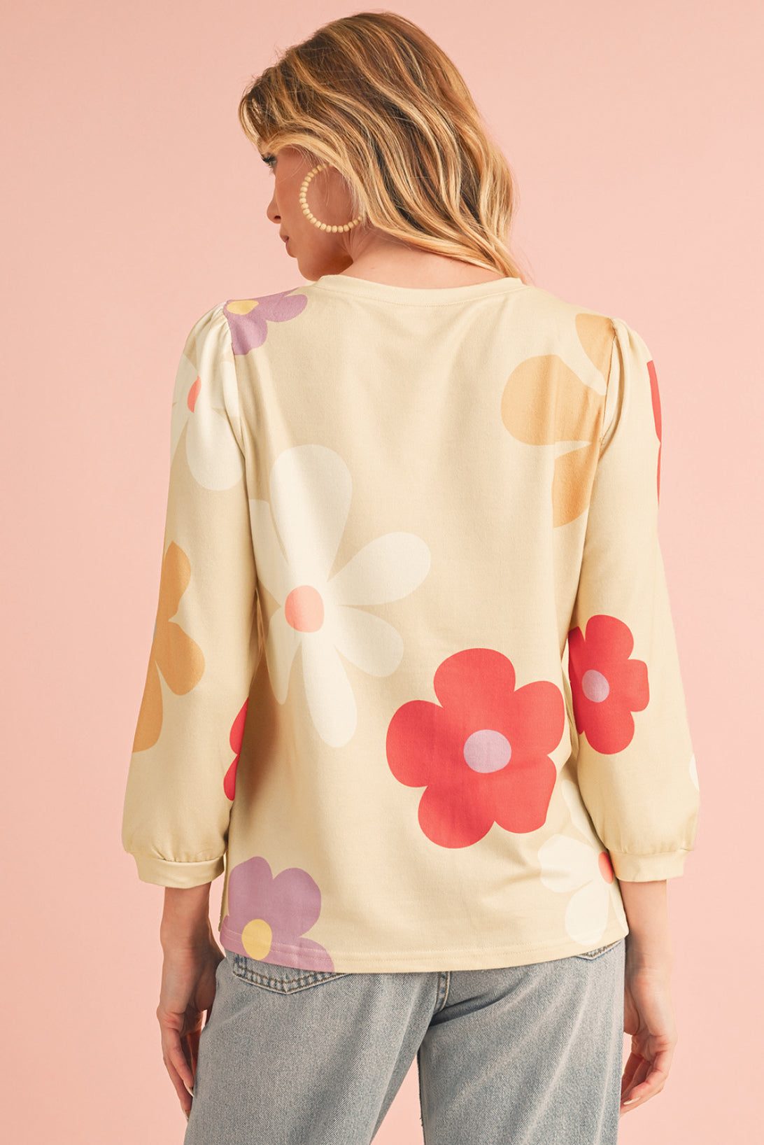 Rose 60s Flower Print Ruched Bracelet Sleeve Top