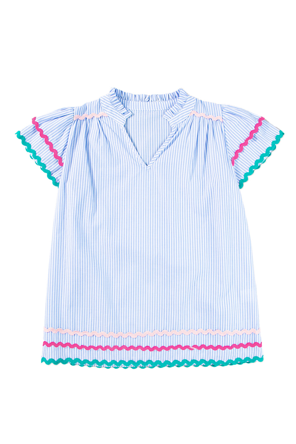 Pink Striped Ricrac Splicing Frill V-Neck Blouse