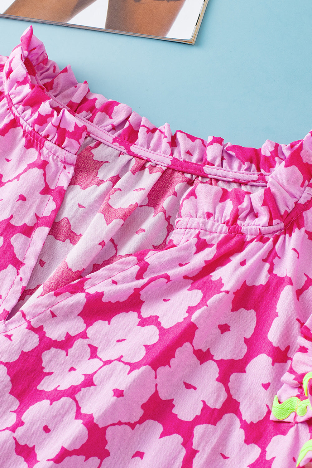 Pink Contrast Ric Rac Layered Ruffle Sleeve Floral Blouse