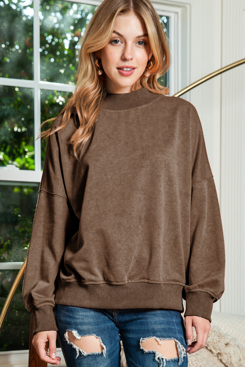 Ruby Plain Drop Shoulder Crew Neck Pullover Sweatshirt