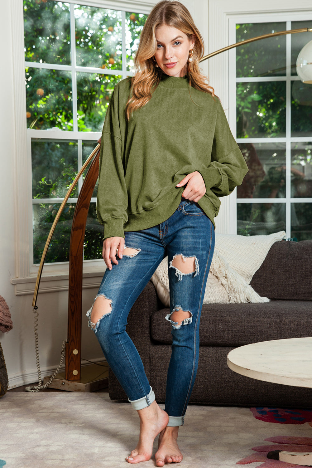 Ruby Plain Drop Shoulder Crew Neck Pullover Sweatshirt