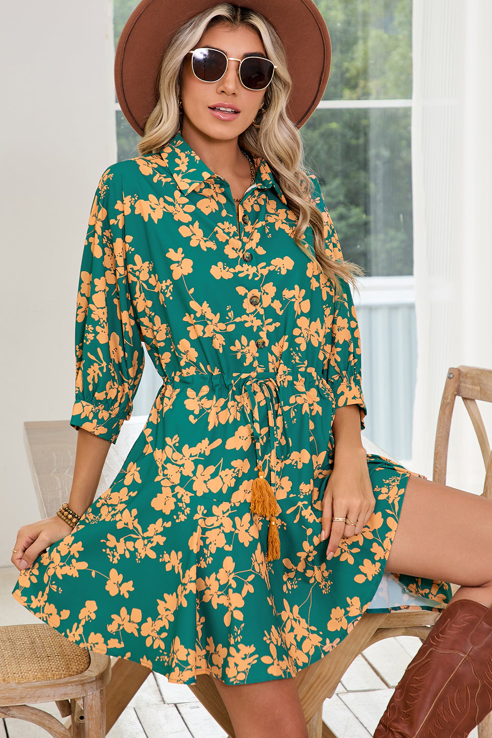 Pink Floral Print Drawstring Flowy Short Dress