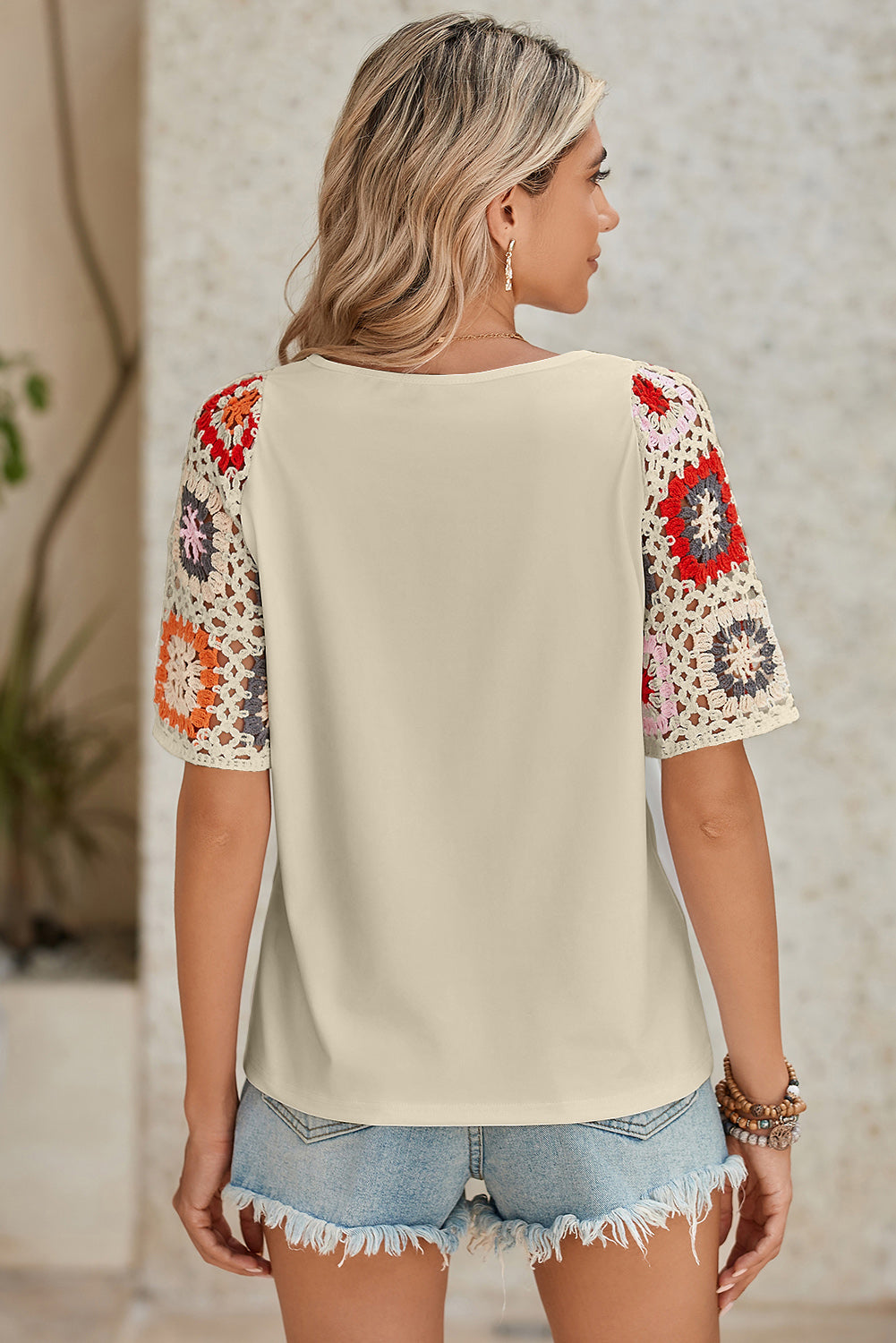 Medium Grey Floral Crochet Short Sleeve Top