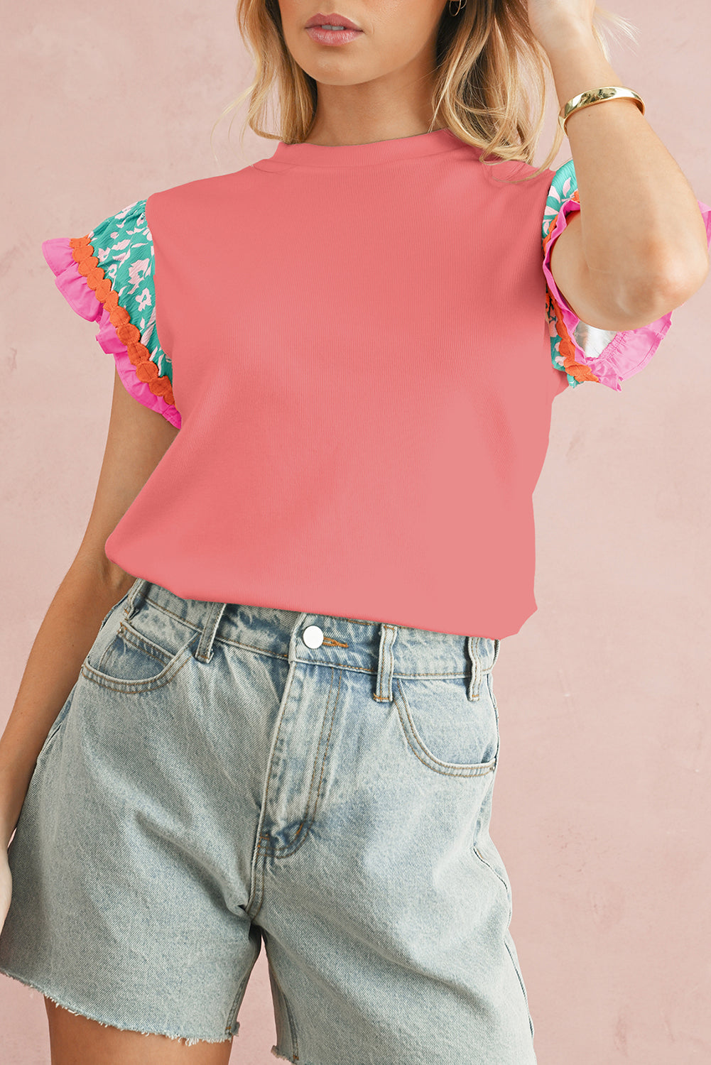 Light Green Ricrac Applique Floral Sleeve Textured Blouse