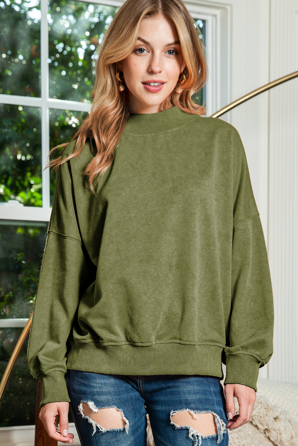 Ruby Plain Drop Shoulder Crew Neck Pullover Sweatshirt