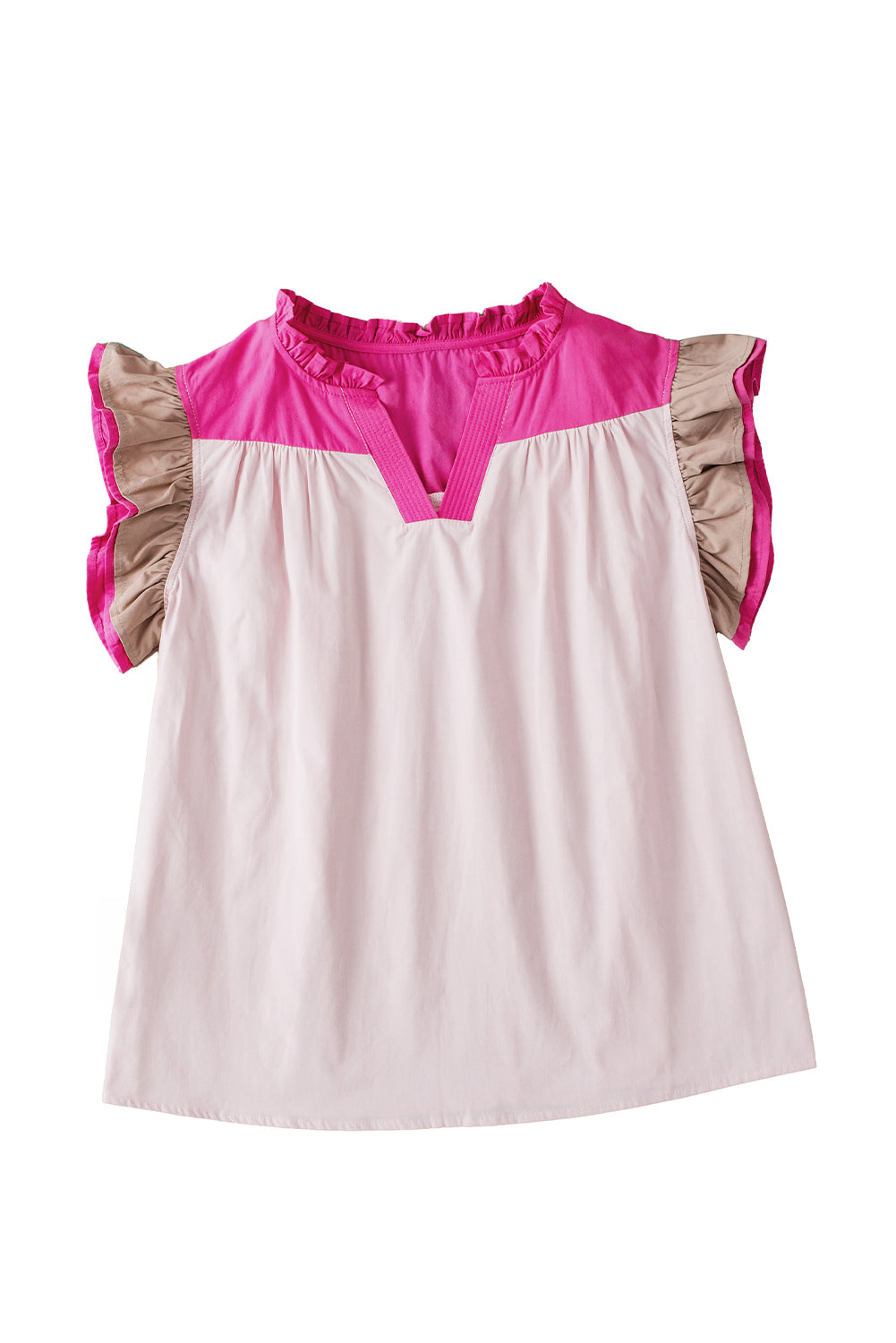 Mist Blue Colorblock Ruffled Sleeve Frill V Neck Blouse