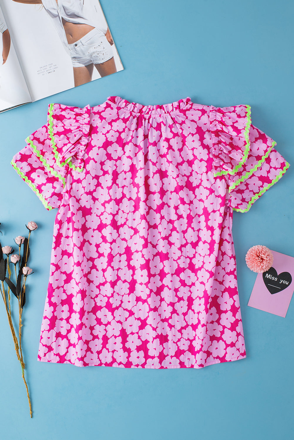 Pink Contrast Ric Rac Layered Ruffle Sleeve Floral Blouse