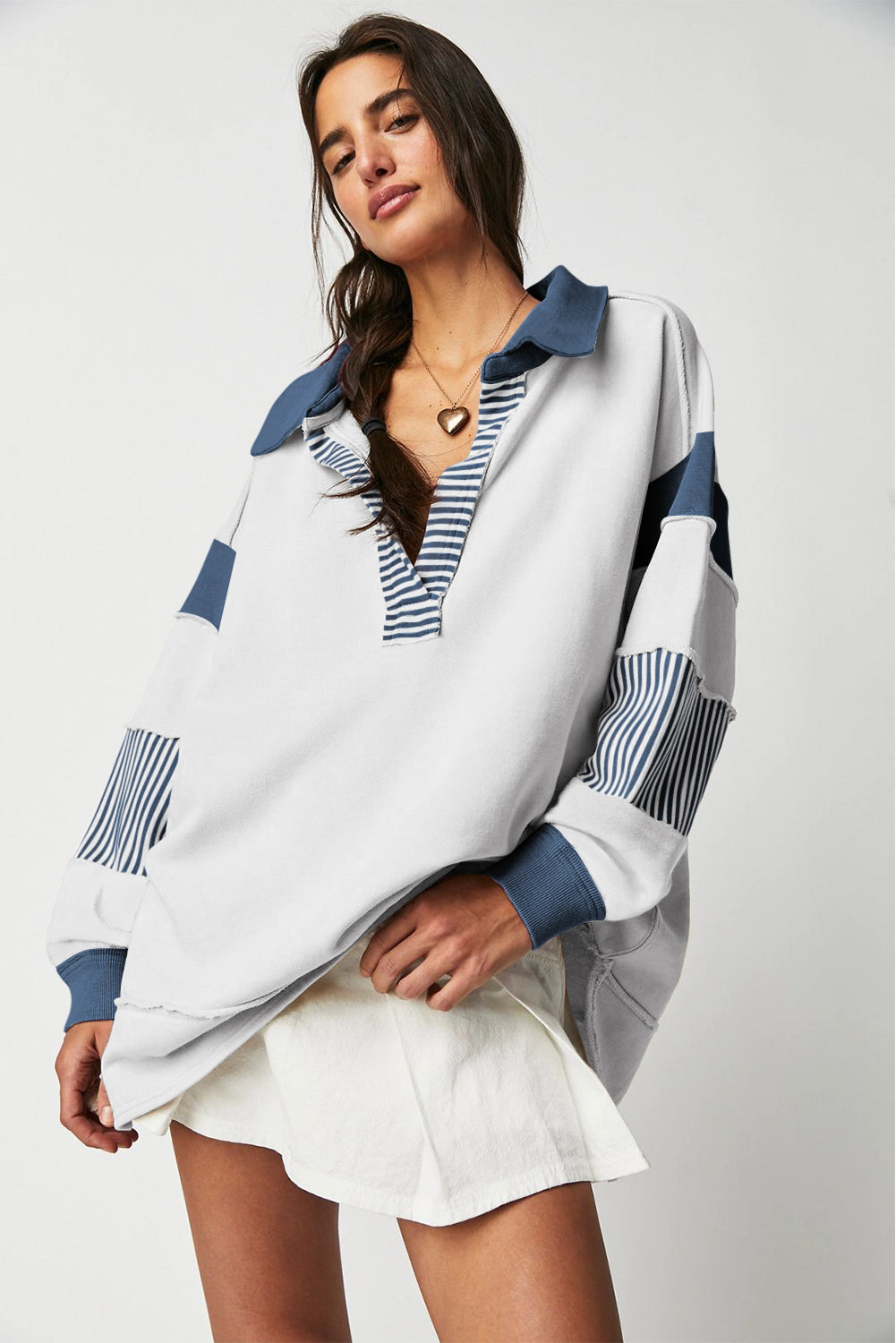 Black Striped Patchwork Collar Sweatshirt