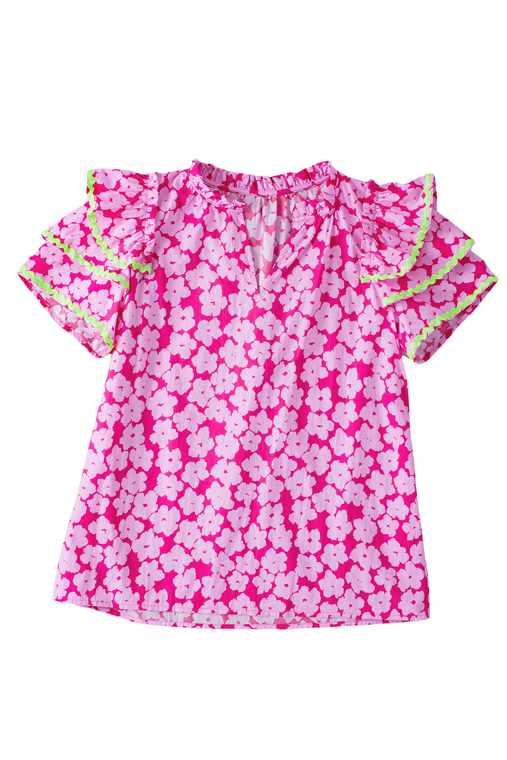 Pink Contrast Ric Rac Layered Ruffle Sleeve Floral Blouse