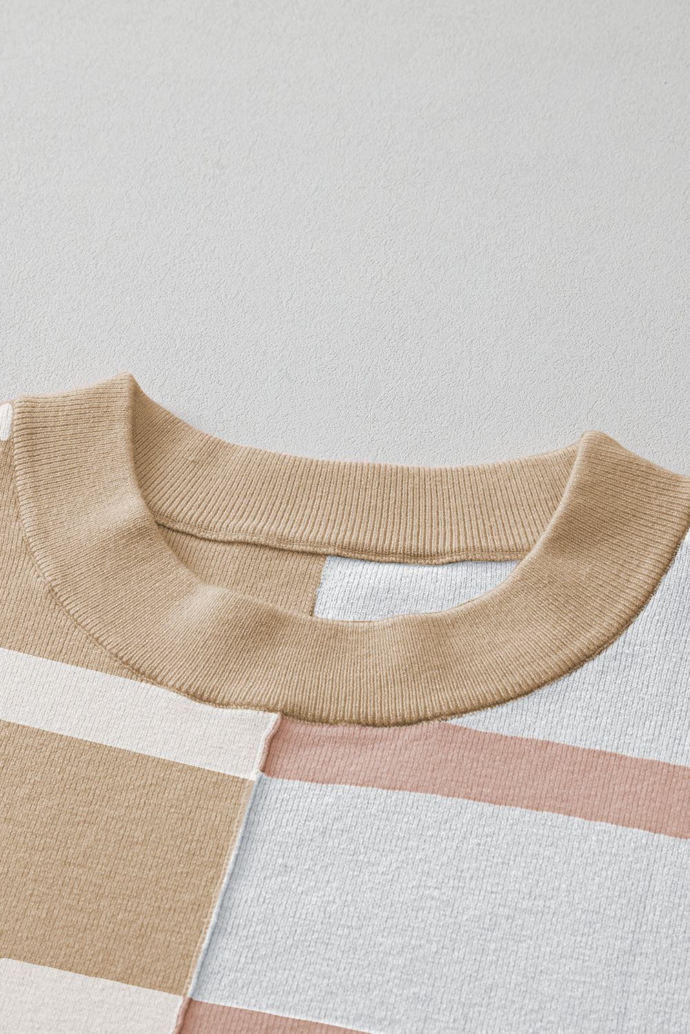 Pink Striped Colorblock Drop Shoulder Sweater