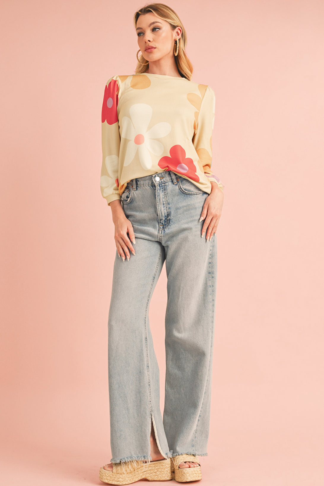 Rose 60s Flower Print Ruched Bracelet Sleeve Top