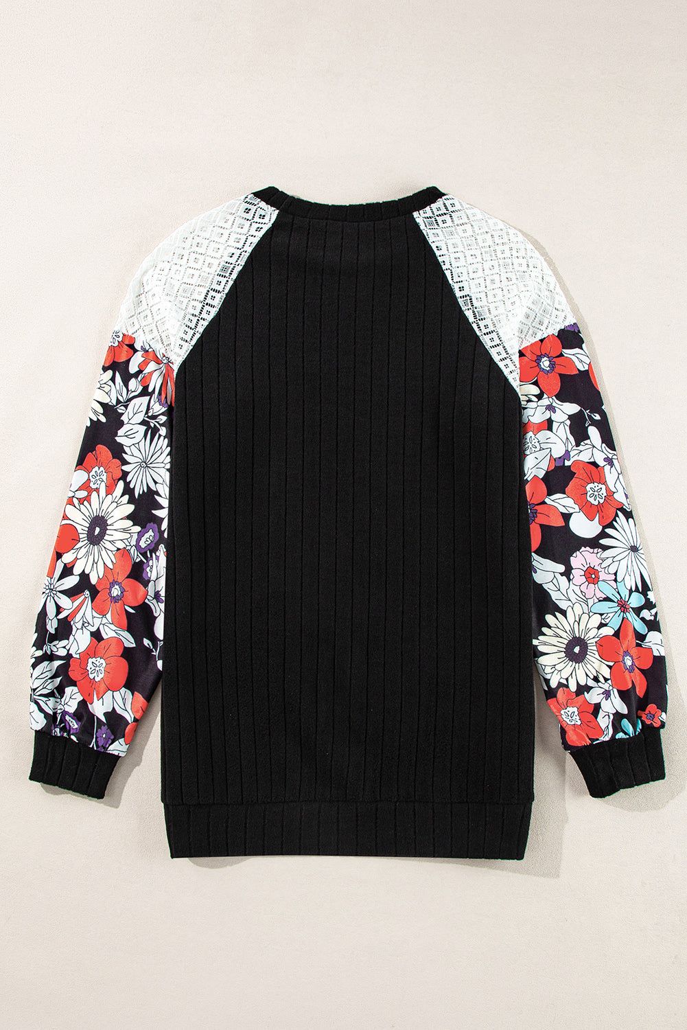 Cinnamon Floral Patchwork Raglan Sleeve Ribbed Top
