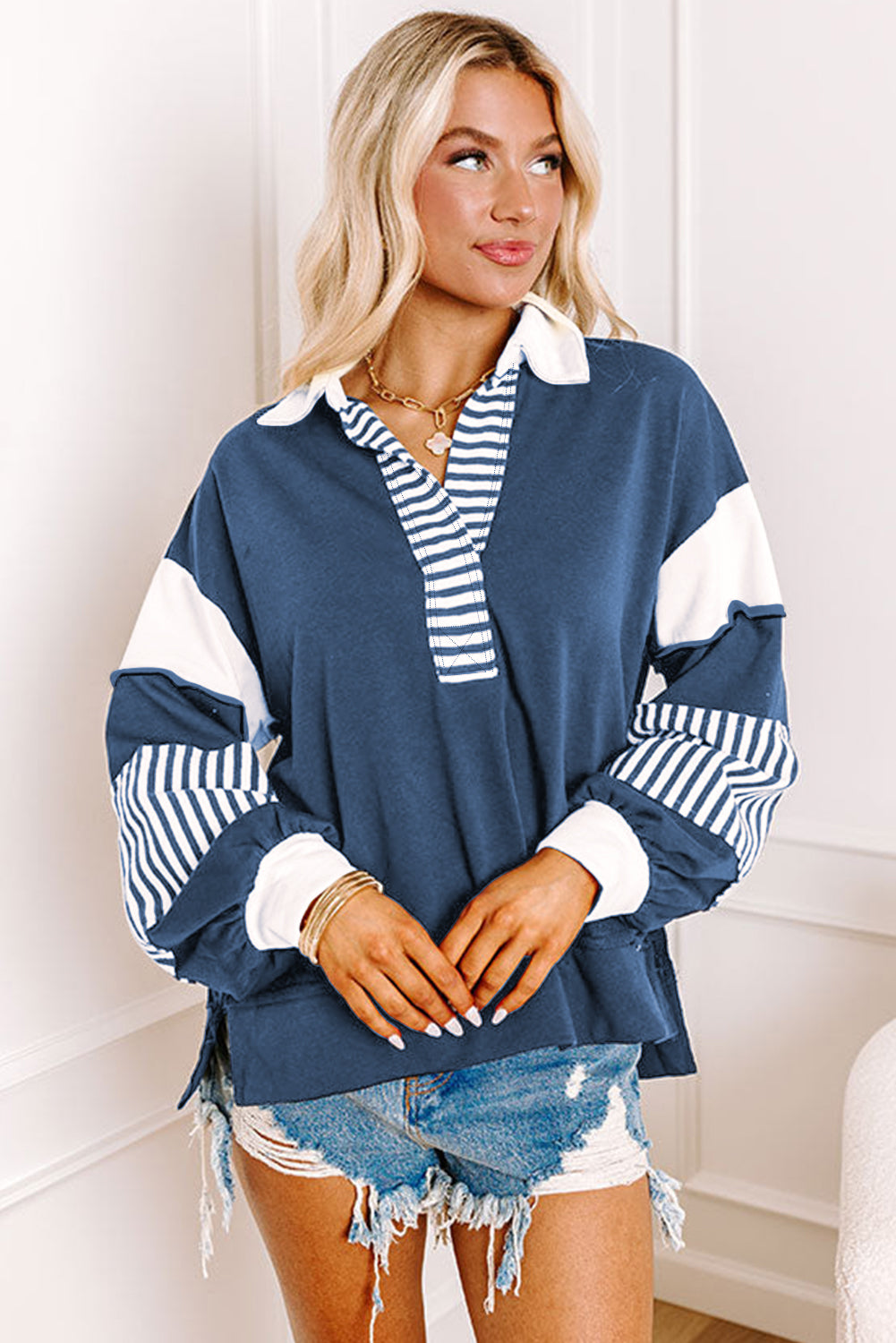 Black Striped Patchwork Collar Sweatshirt