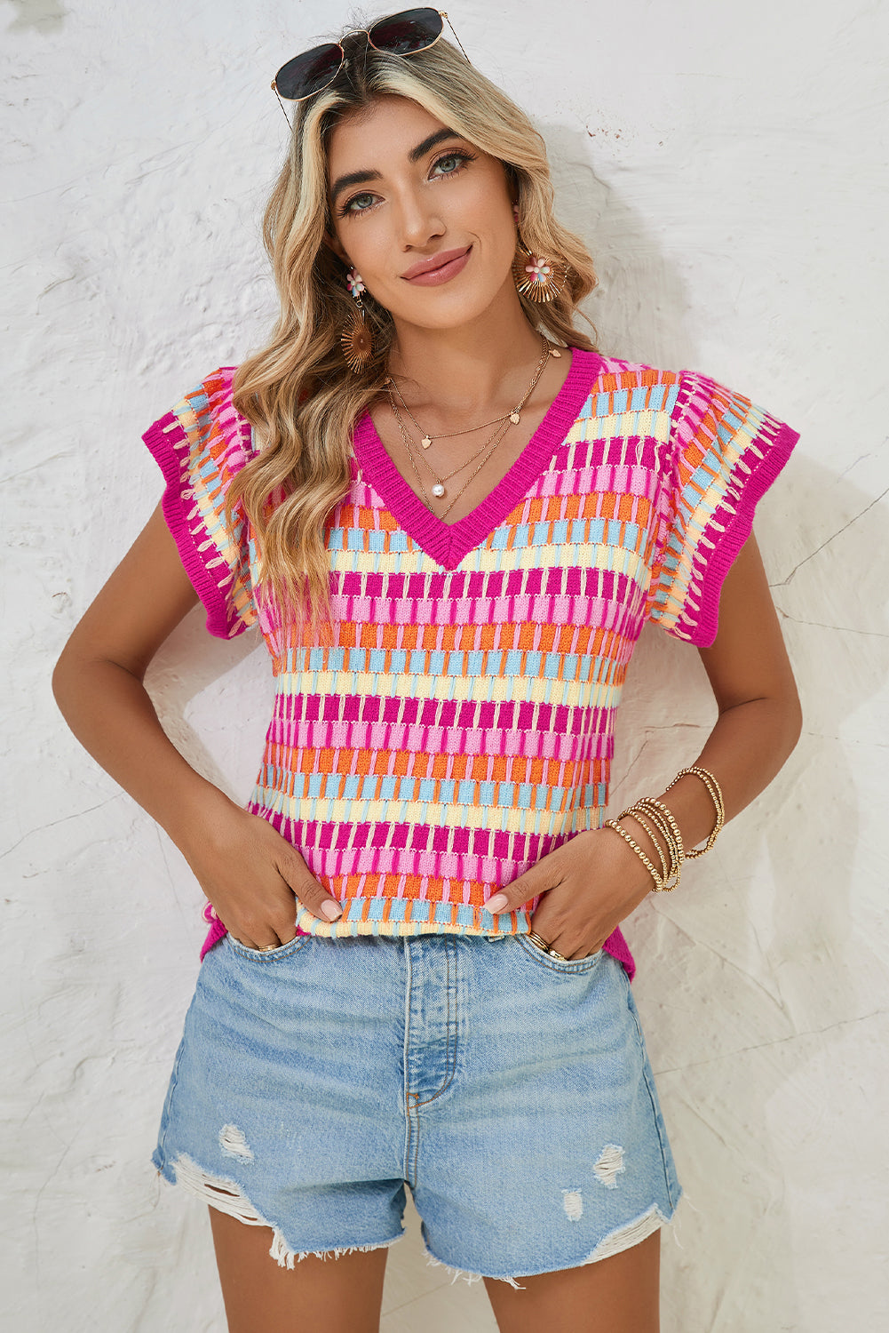 Green Colorblock Cap Sleeve Knitted Top