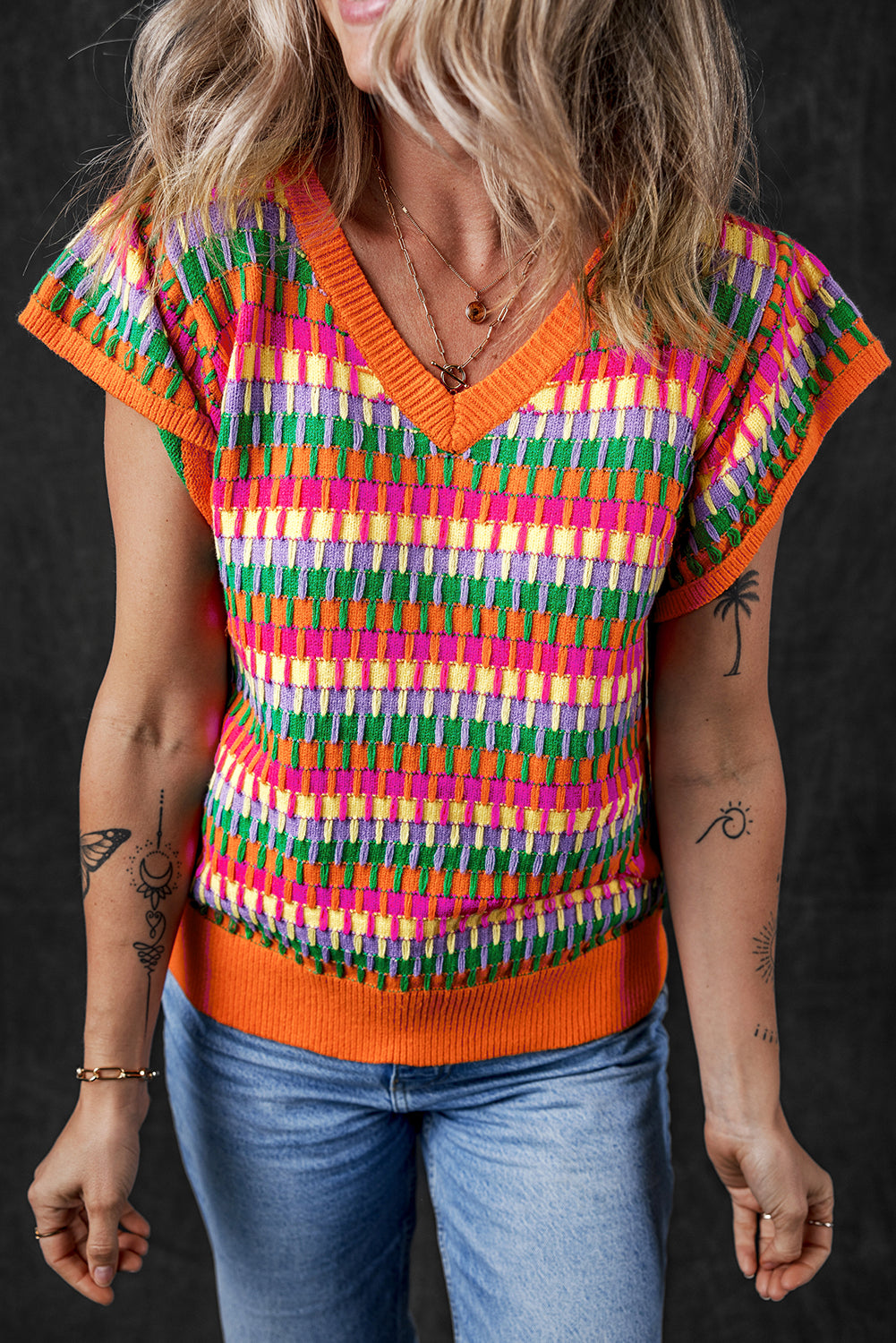 Green Colorblock Cap Sleeve Knitted Top