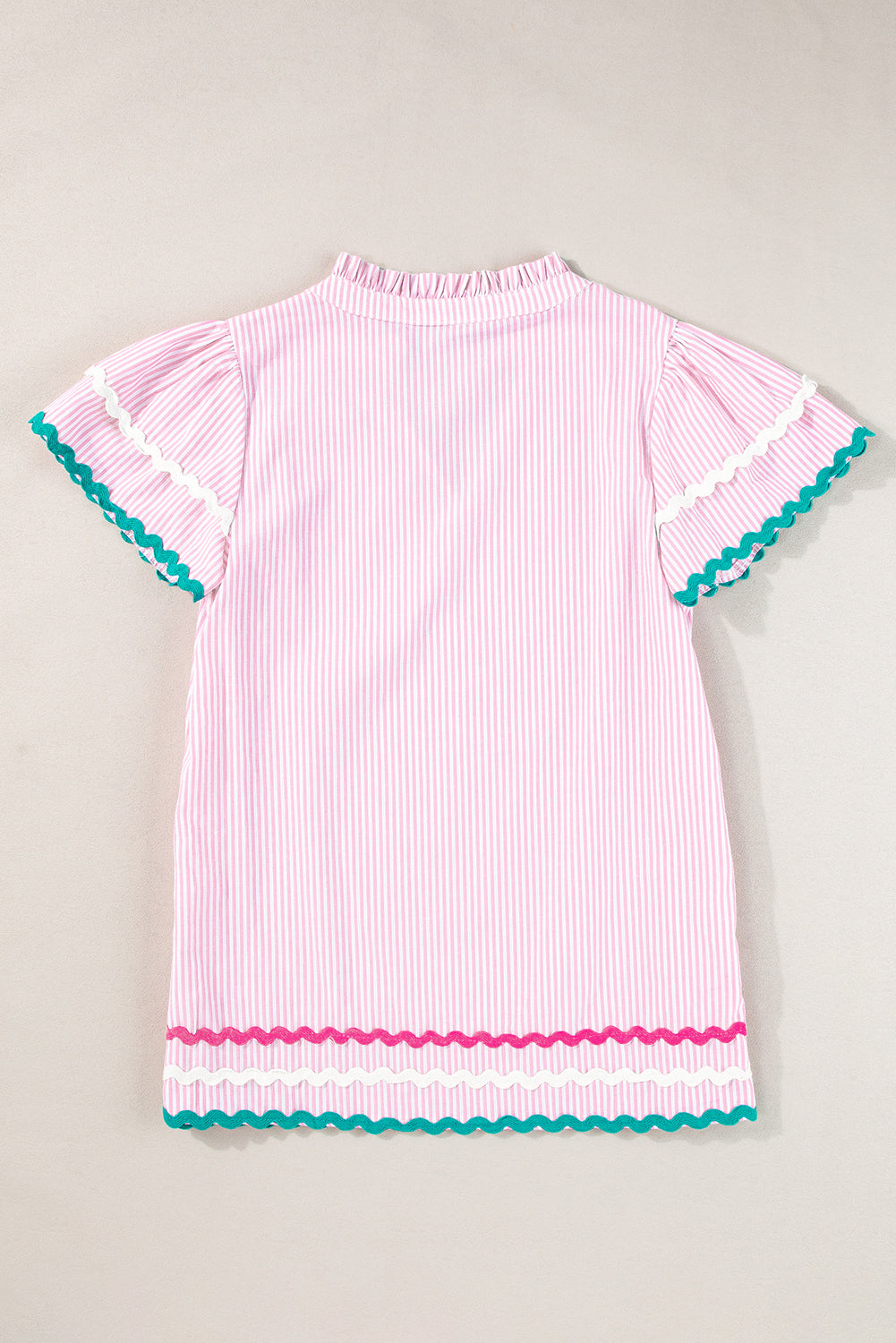 Pink Striped Ricrac Splicing Frill V-Neck Blouse