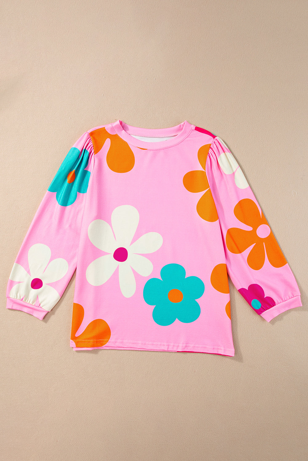 Rose 60s Flower Print Ruched Bracelet Sleeve Top