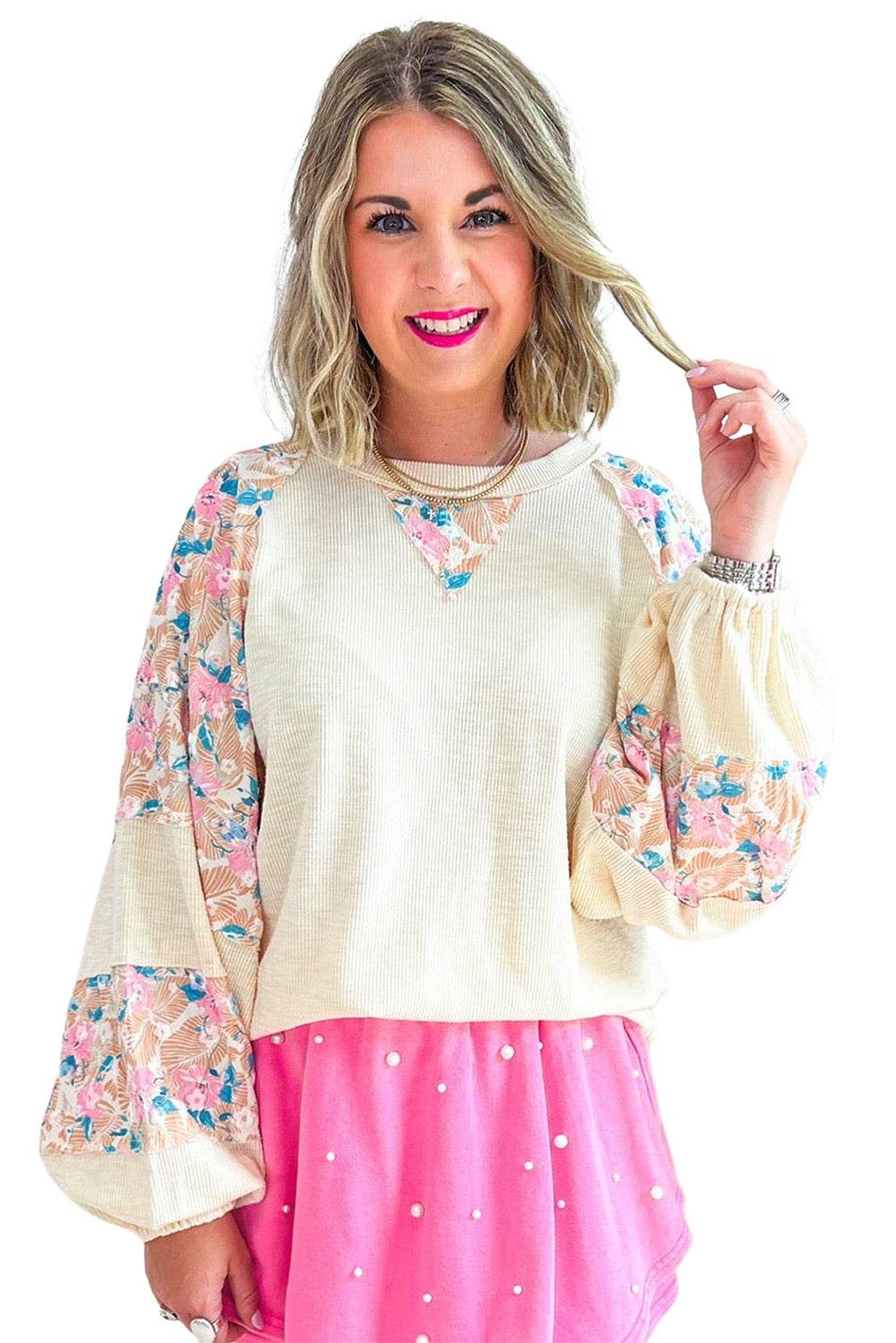 Beau Blue Ribbed Floral Patchwork Balloon Sleeve Top