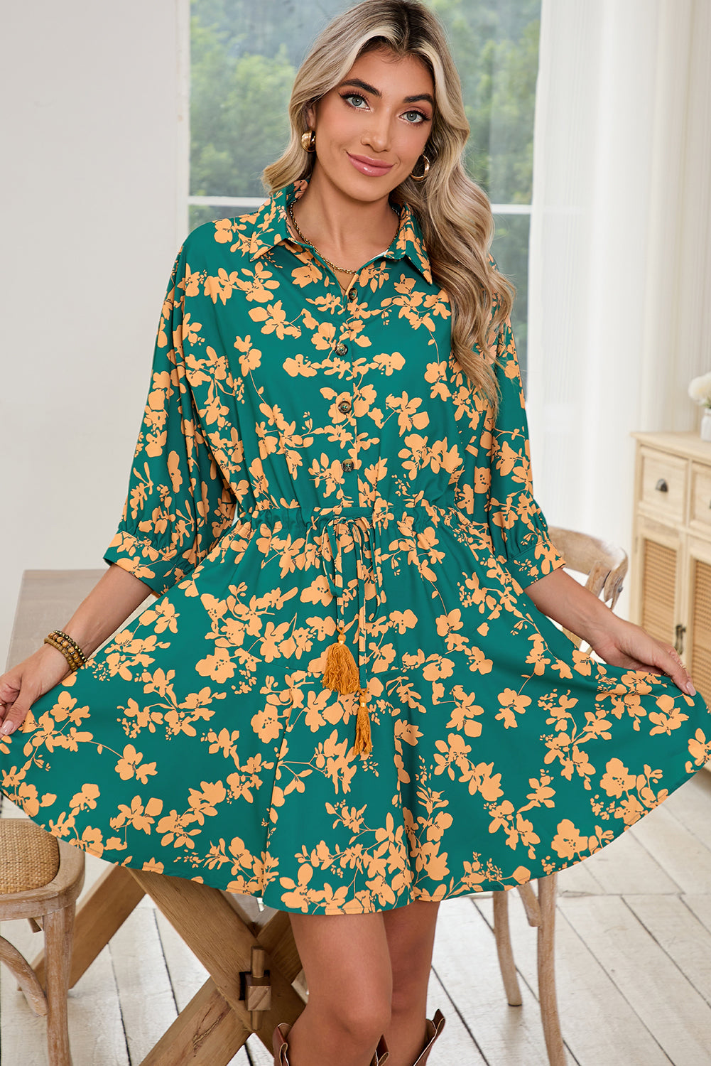 Pink Floral Print Drawstring Flowy Short Dress