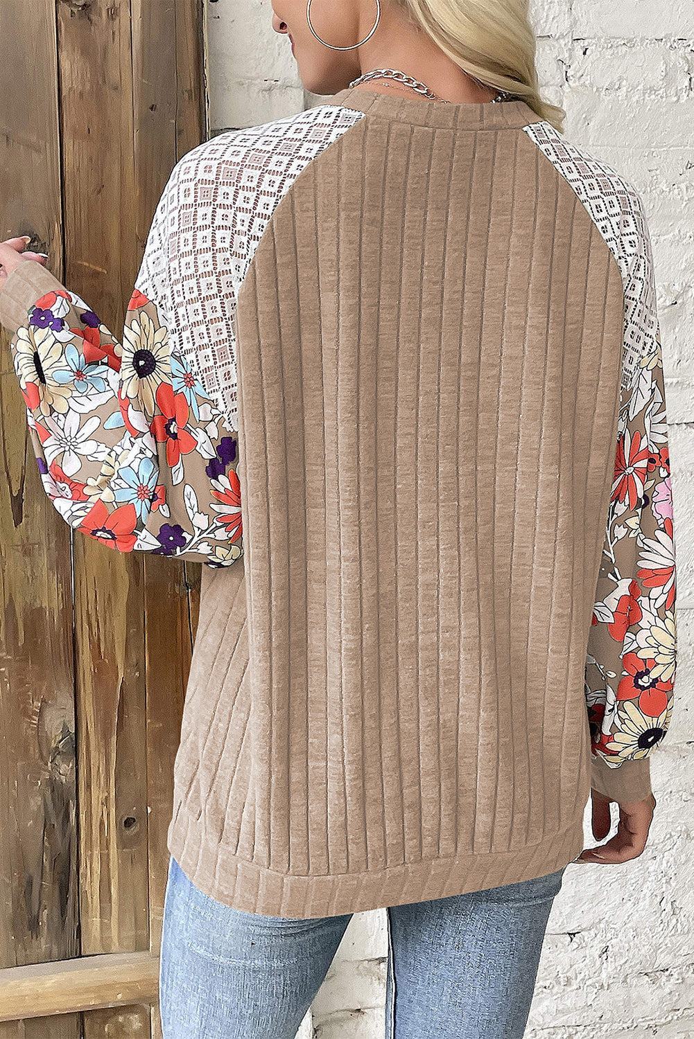 Cinnamon Floral Patchwork Raglan Sleeve Ribbed Top