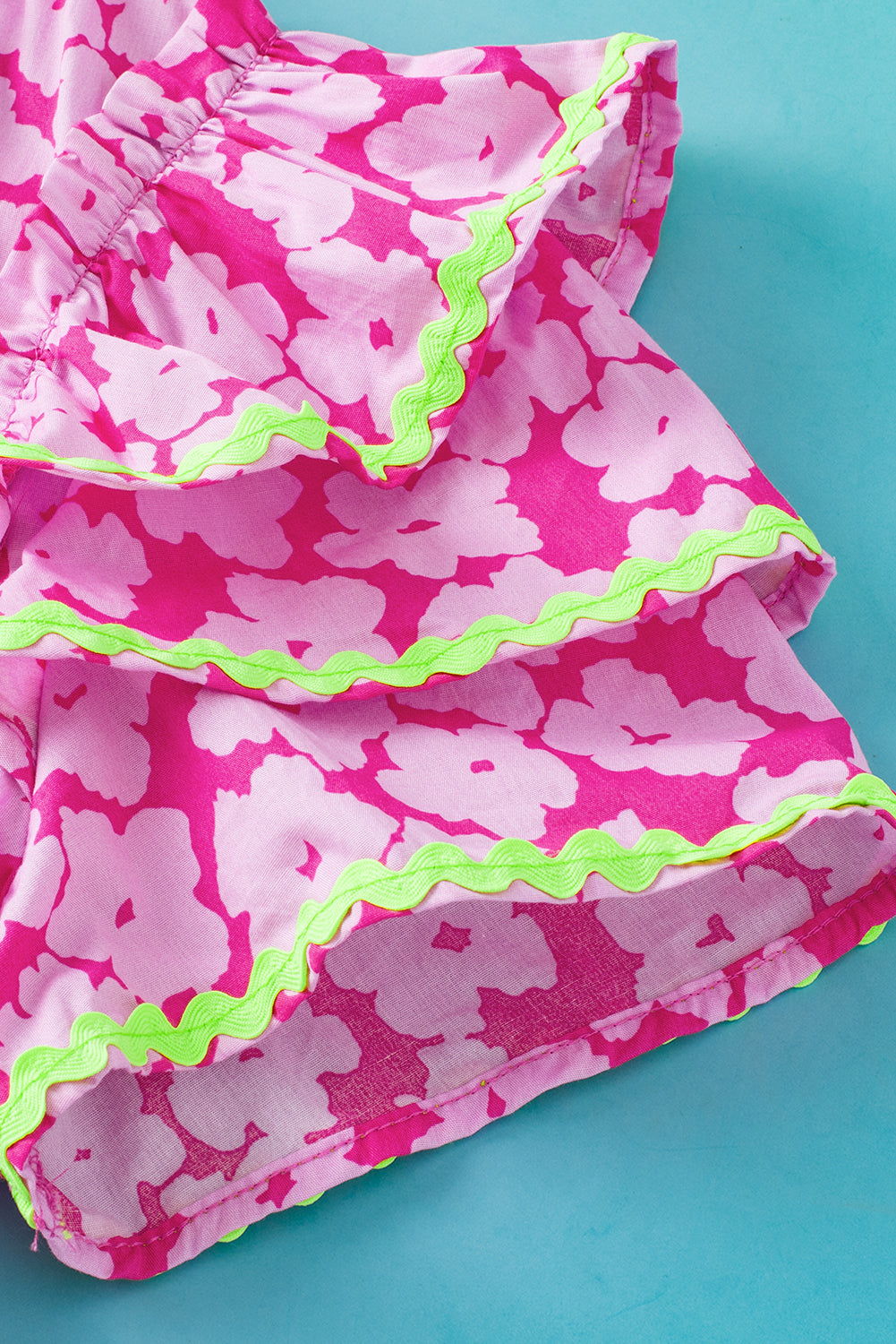 Pink Contrast Ric Rac Layered Ruffle Sleeve Floral Blouse