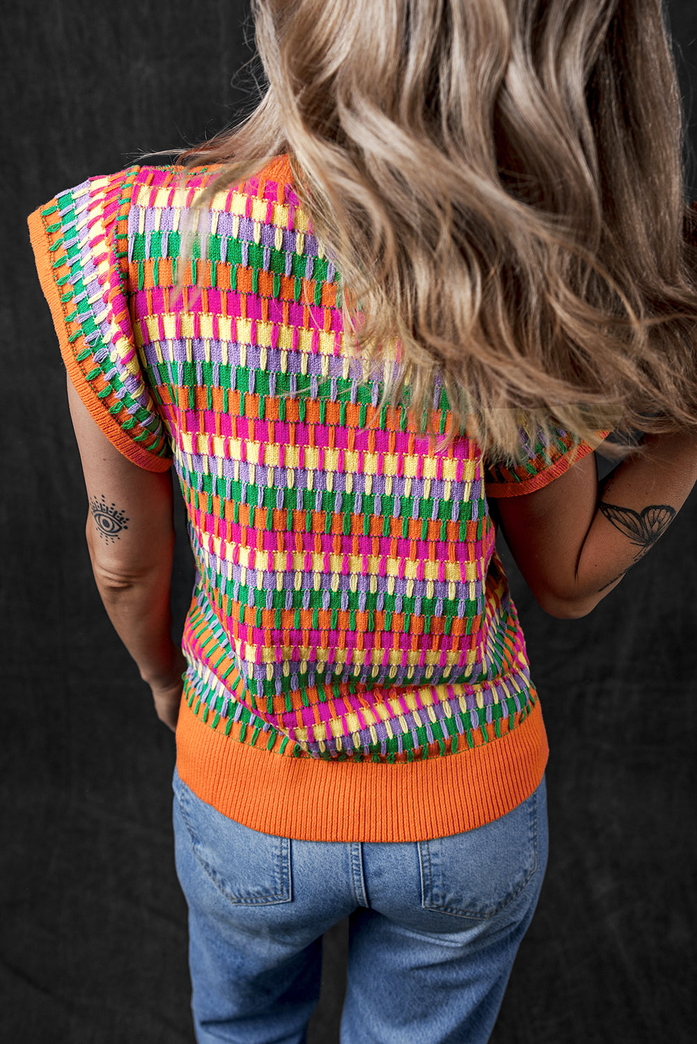 Green Colorblock Cap Sleeve Knitted Top