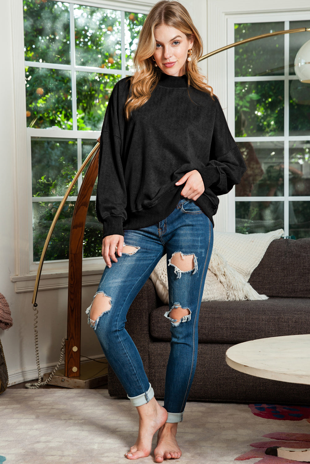 Ruby Plain Drop Shoulder Crew Neck Pullover Sweatshirt