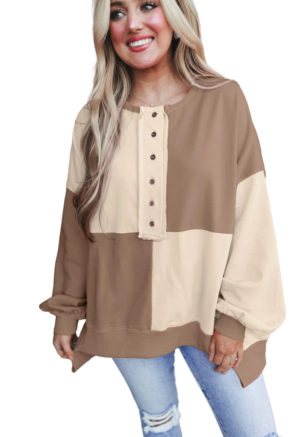 Parchment Colorblock Henley High Low Loose Sweatshirt