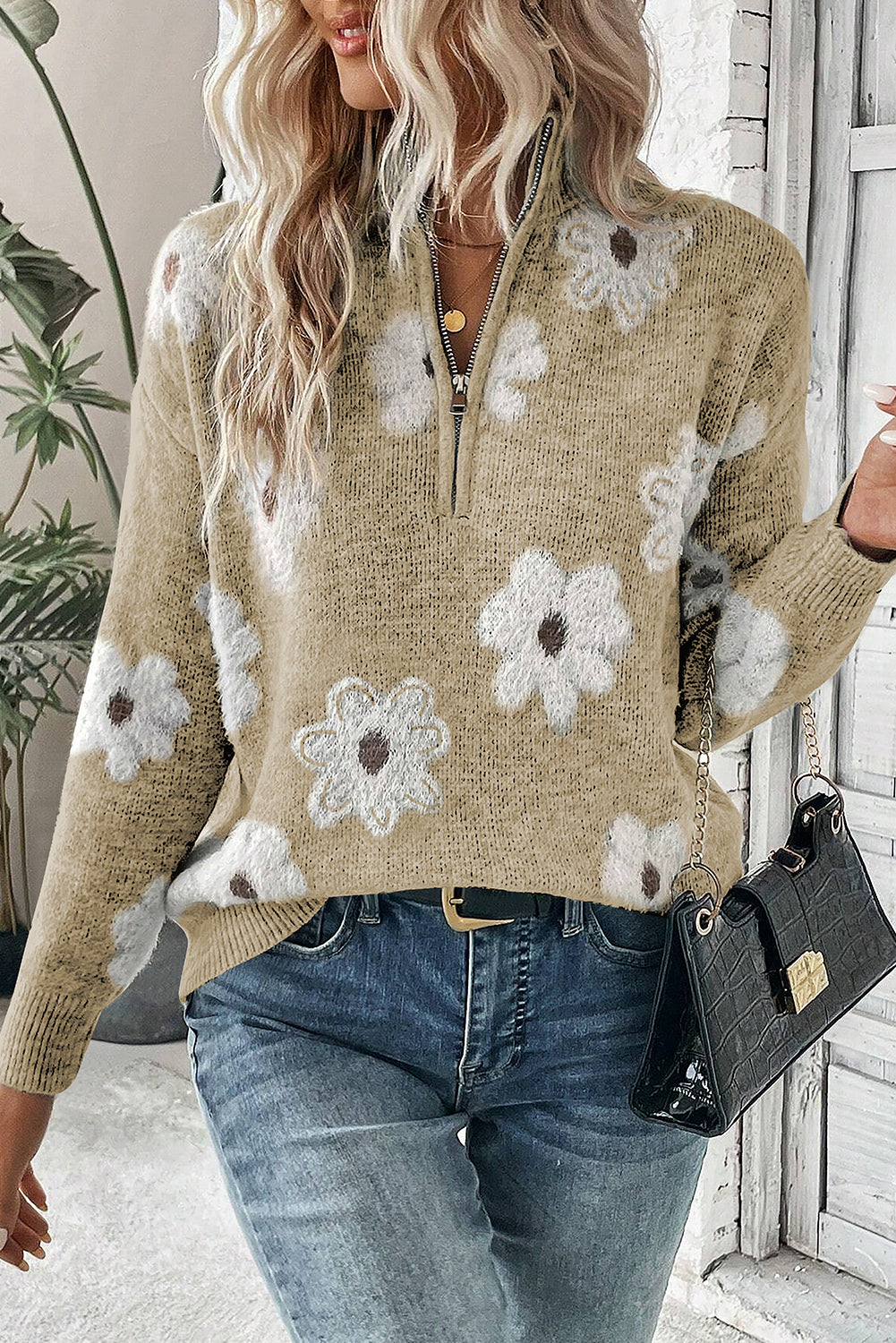 Green Vintage 60s Floral Pattern Half Zip Collar Drop Shoulder Sweater