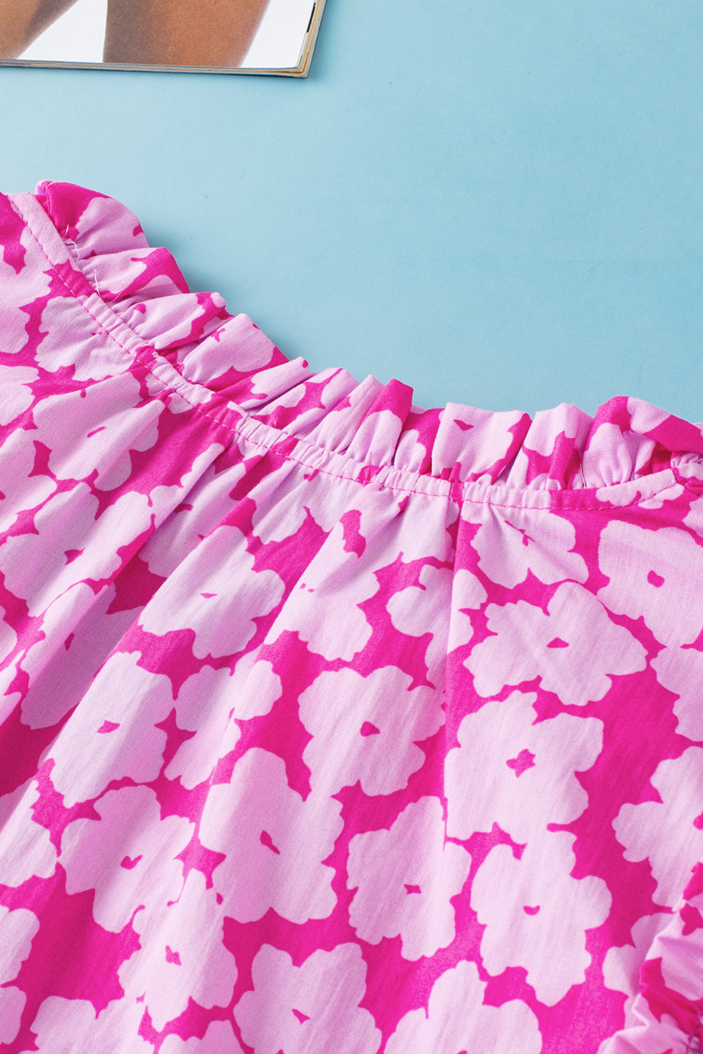 Pink Contrast Ric Rac Layered Ruffle Sleeve Floral Blouse