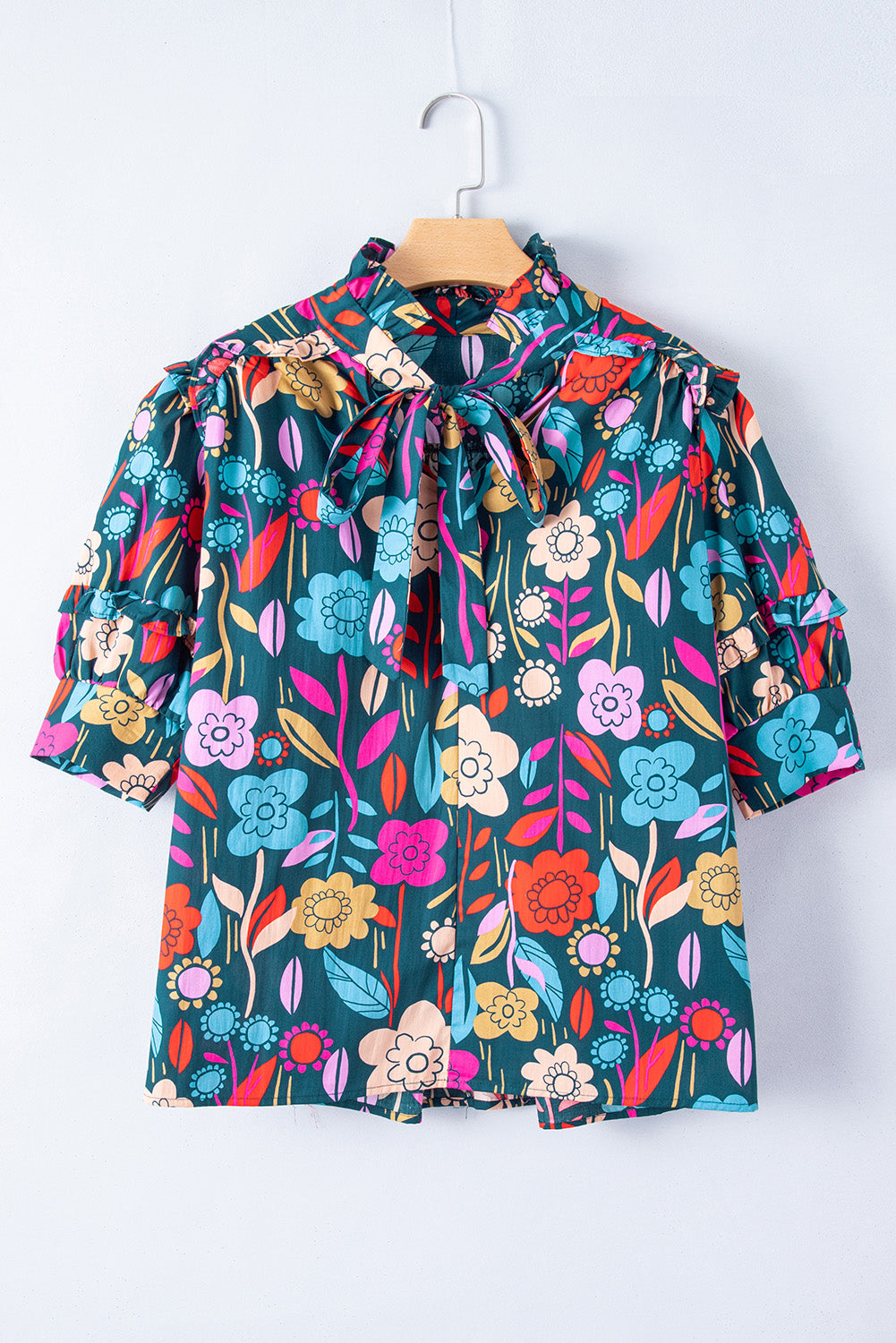 Green 60s Floral Print Puff Sleeve Tied V Neck Blouse