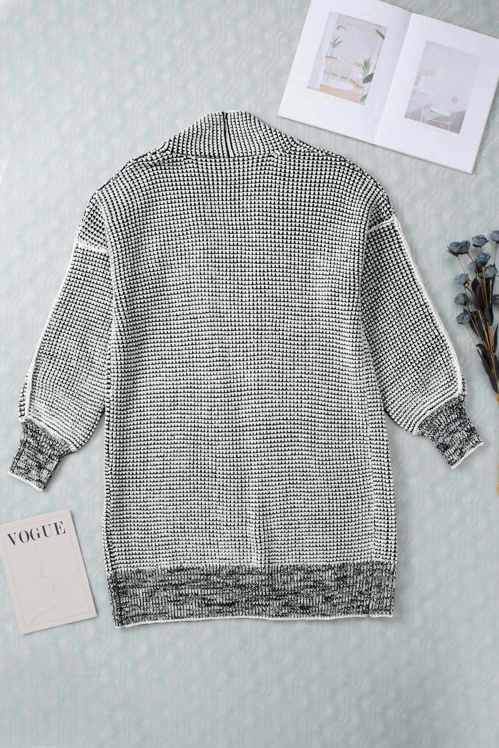 Grey Plaid Contrast Trim Casual Knit Cardigan