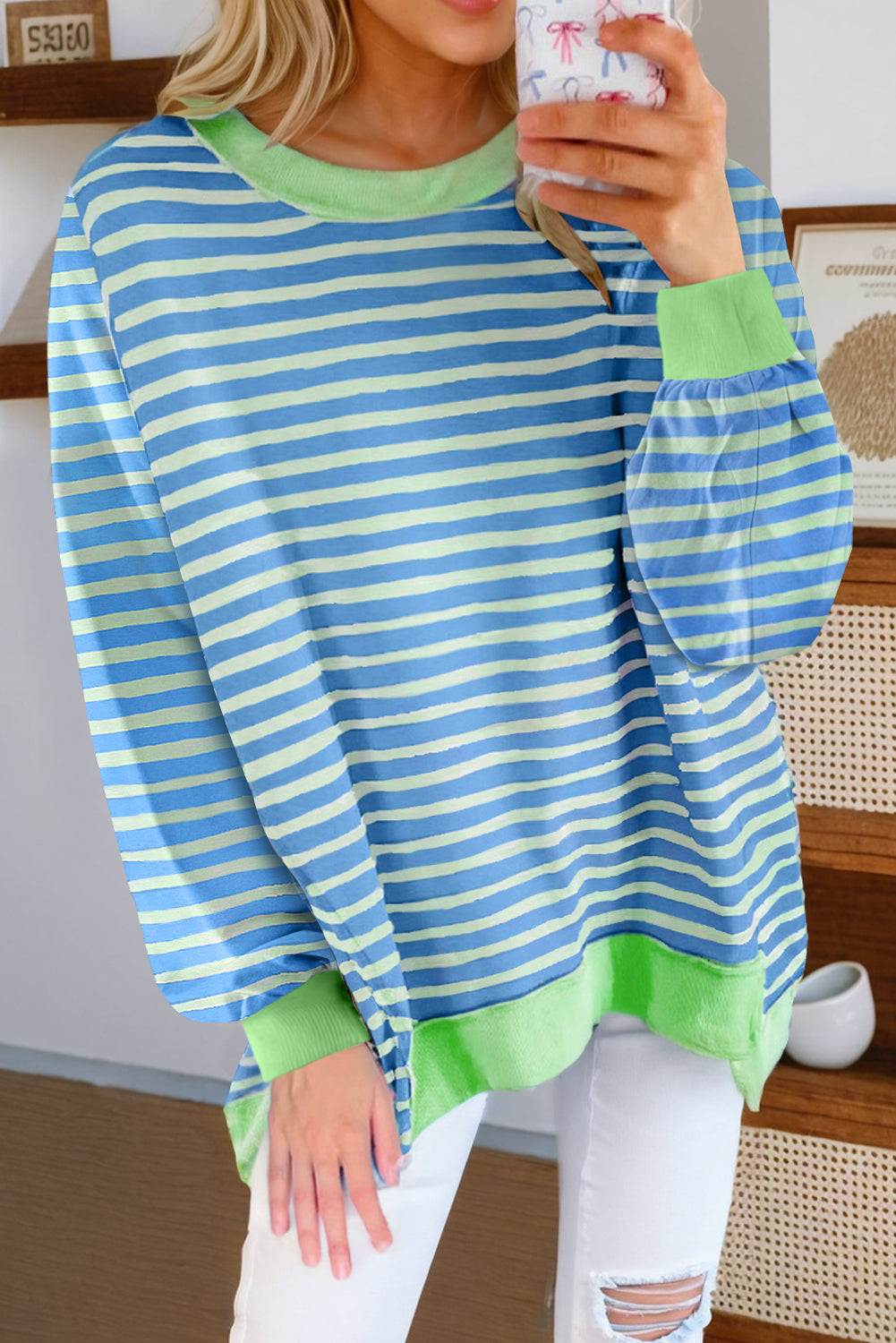 Pink Stripe Contrast Trim High Low Tunic Sweatshirt