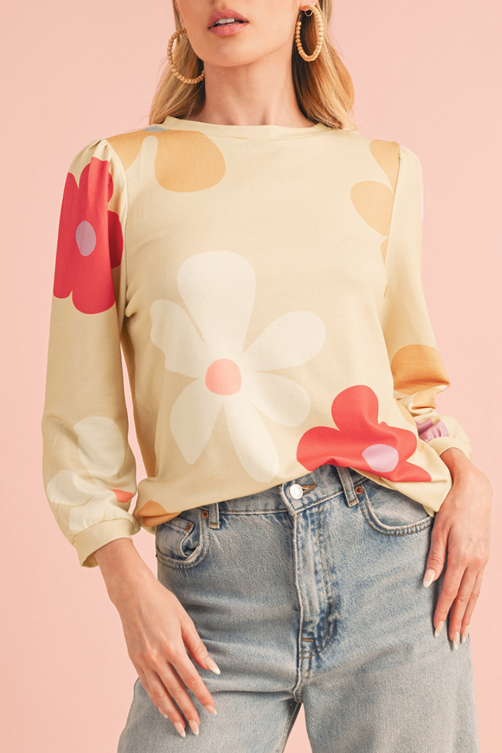 Rose 60s Flower Print Ruched Bracelet Sleeve Top