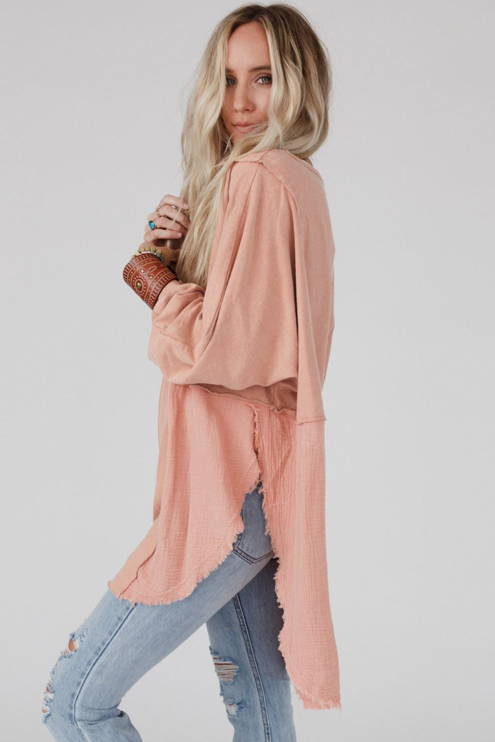 Orange Crinkled Patchwork Raw Hem Oversized Top