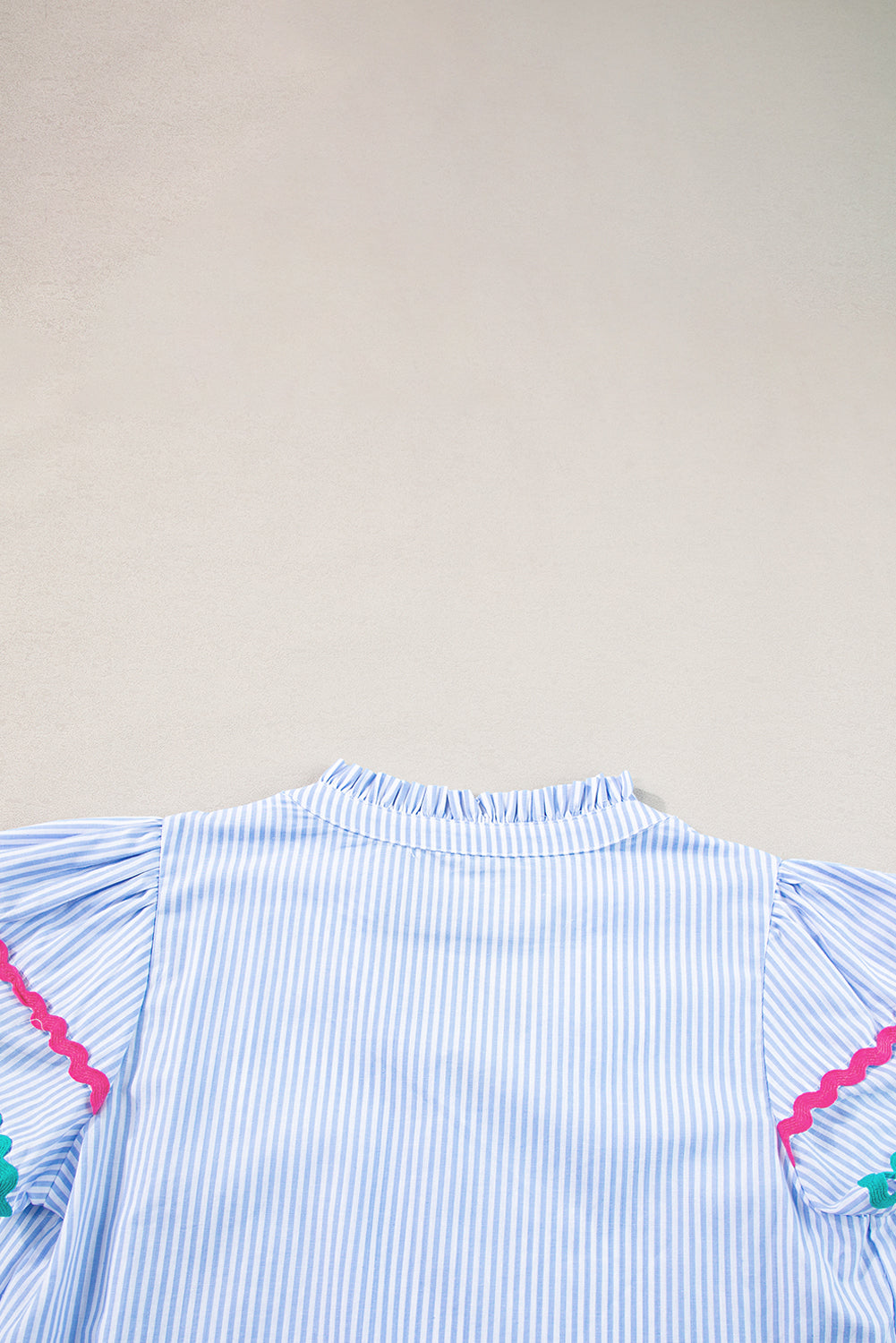 Pink Striped Ricrac Splicing Frill V-Neck Blouse