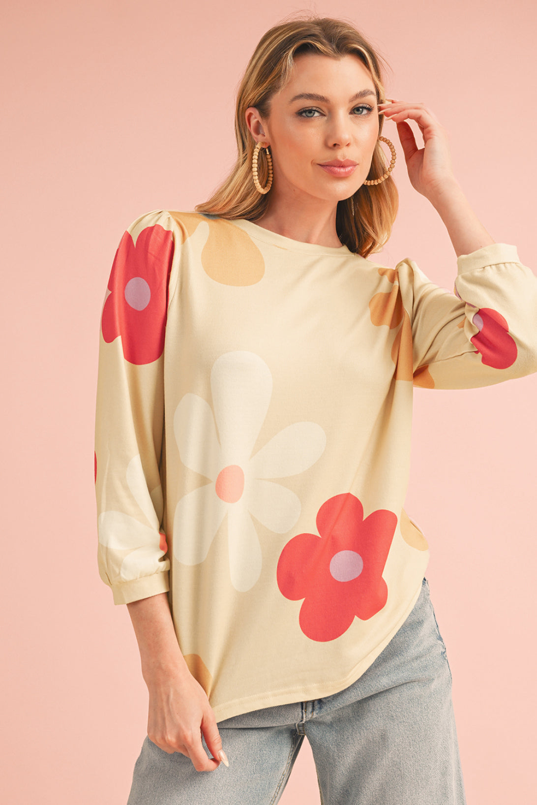 Rose 60s Flower Print Ruched Bracelet Sleeve Top
