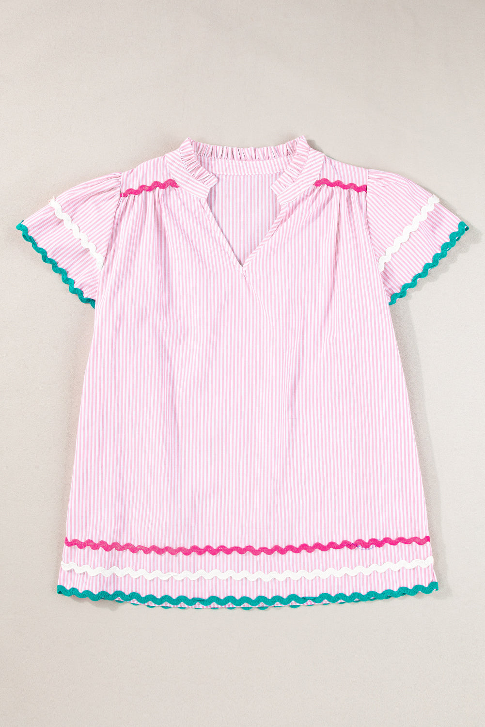 Pink Striped Ricrac Splicing Frill V-Neck Blouse