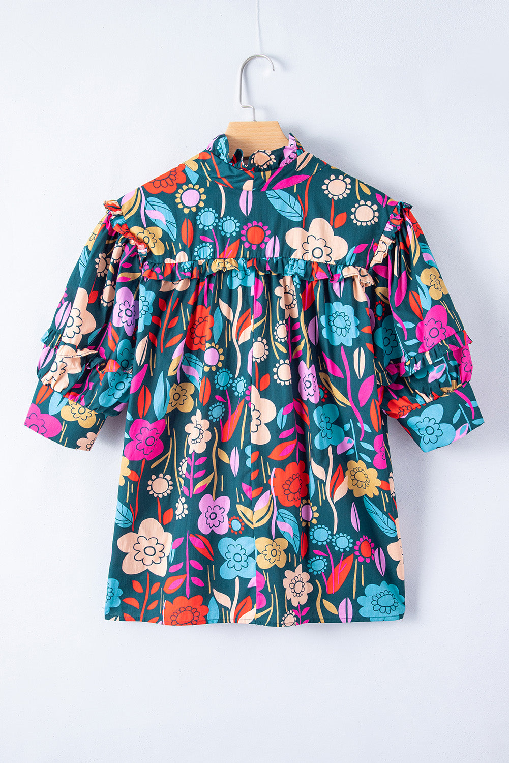 Green 60s Floral Print Puff Sleeve Tied V Neck Blouse